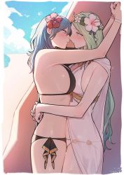 Rule 34 | 2girls, arms around neck, arms around waist, bikini, black bikini, blue eyes, blue hair, blush, border, breast press, breasts, byleth (female) (fire emblem), byleth (female) (summer) (fire emblem), byleth (fire emblem), cleavage, cloud, commentary request, day, eye contact, female focus, fire emblem, fire emblem: three houses, fire emblem heroes, flower, from side, green eyes, green hair, hair between eyes, hair flower, hair ornament, head wreath, hibiscus, highres, ikarin, imminent kiss, large breasts, long hair, looking at another, matching hair/eyes, multiple girls, nintendo, official alternate costume, outdoors, parted lips, pink flower, pointy ears, profile, red flower, rhea (fire emblem), see-through, sideboob, sky, sweat, swimsuit, symmetrical docking, very long hair, white bikini, white border, yuri