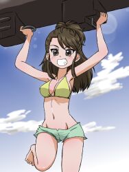 Rule 34 | 1girl, amaretto (girls und panzer), arms up, asymmetrical bangs, barefoot, bikini, bikini shorts, blue sky, breasts, brown eyes, brown hair, cloud, cloudy sky, commentary, cosplay, cowboy shot, day, girls und panzer, green bikini, grin, groin, half updo, halterneck, holding, inflatable toy, leg up, lens flare, long hair, looking at viewer, medium breasts, mismatched bikini, navel, outdoors, pepperoni (girls und panzer), pepperoni (girls und panzer) (cosplay), shorts, sky, smile, solo, standing, standing on one leg, swimsuit, takahashi kurage, yellow bikini