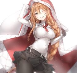 Rule 34 | 1girl, bad id, bad pixiv id, belt, belt buckle, black pantyhose, black skirt, blush, braid, breasts, buckle, coat, coat over head, unworn coat, dore (gilles dore), girls&#039; frontline, gloves, green eyes, hair between eyes, hat, long hair, long sleeves, looking at viewer, medium breasts, official alternate costume, one eye closed, open clothes, open mouth, pantyhose, parted lips, pleated skirt, red ribbon, ribbon, simple background, single braid, skirt, smile, snow, solo, springfield (girls&#039; frontline), springfield (o holy night) (girls&#039; frontline), thighs, very long hair, white gloves