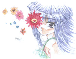 Rule 34 | 1girl, blue hair, dated, face, flower, furude rika, higurashi no naku koro ni, nick-ian, one-eyed, signature, solo, traditional media