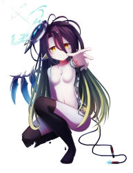 Rule 34 | 1girl, absurdres, bad id, bad pixiv id, black thighhighs, blonde hair, breasts, collarbone, crying, highres, long hair, looking at viewer, mechanical parts, mechanical wings, multicolored hair, navel, no game no life, nude, purple hair, reaching, reaching towards viewer, shuvi (no game no life), simple background, small breasts, smile, solo, squatting, thighhighs, very long hair, white background, wings, yellow eyes