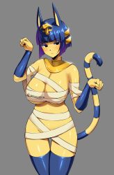 Rule 34 | 1girl, absurdres, animal crossing, ankha (animal crossing), arms up, bandages, blue hair, blush, bob cut, breasts, collae, cowboy shot, eyeshadow, frown, furry, furry female, grey background, highres, large breasts, makeup, mummy costume, nintendo, short hair, sole gem, solo, tail, thigh gap, thighhighs, uraeus, usekh collar, wrist guards
