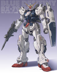 Rule 34 | absurdres, artist name, beam rifle, blue destiny 03, character name, clenched hand, energy gun, full body, green eyes, gun, gundam, gundam side story: the blue destiny, highres, holding, holding gun, holding weapon, maeda hiroyuki, mobile suit, redesign, science fiction, shadow, shield, solo, standing, v-fin, weapon