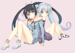 Rule 34 | 2girls, absurdres, back-to-back, bare shoulders, black hair, blue eyes, character request, chocolate, holding hands, highres, long hair, multiple girls, no pants, silver hair, sitting, smile, sweater, totto, twintails, valentine