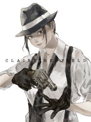 Rule 34 | 1girl, black gloves, black hat, black necktie, blue eyes, brown hair, character name, claire redfield, closed mouth, collared shirt, fedora, finger on trigger, fune (nkjrs12), gloves, gun, hair up, handgun, hat, highres, holding, holding gun, holding weapon, looking at viewer, loose necktie, necktie, official alternate costume, resident evil, resident evil 2, resident evil 2 (remake), revolver, shirt, signature, sleeves rolled up, solo, suspenders, upper body, weapon, white shirt