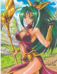 Rule 34 | 1girl, 2020, alice (ravernclouk design), bare shoulders, breasts, cleavage, cleavage cutout, clothing cutout, day, dress, fingerless gloves, gloves, green eyes, green hair, highres, jewelry, large breasts, magical girl, medium breasts, navel, navel cutout, outdoors, ponytail, ravernclouk design, scepter, solo, traditional media