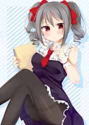 Rule 34 | 1girl, ashino, bare arms, bare shoulders, black pantyhose, blush, bow, breasts, commentary request, crossed legs, diagonal stripes, dress, drill hair, drop shadow, frilled dress, frills, furrowed brow, grey hair, hair bow, holding, idolmaster, idolmaster cinderella girls, kanzaki ranko, looking at viewer, medium hair, necktie, notebook, pantyhose, red bow, red eyes, red necktie, short necktie, sitting, solo, striped, thighband pantyhose, twin drills, wing collar, wrinkled skin, wrist cuffs