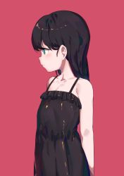 Rule 34 | 1girl, arms behind back, bare arms, bare shoulders, black dress, black hair, blue eyes, breasts, child, closed mouth, collarbone, dress, driftingtiger, expressionless, female focus, flat chest, frilled dress, frills, highres, long hair, looking to the side, original, pink background, profile, purple background, simple background, sleeveless, sleeveless dress, solo, spaghetti strap, upper body