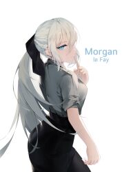 Rule 34 | 1girl, absurdres, black bow, black dress, black skirt, blue eyes, blush, bow, braid, breasts, dress, dress shirt, fate/grand order, fate (series), french braid, grey hair, hair bow, highres, large breasts, long hair, looking at viewer, morgan le fay (chaldea satellite station) (fate), morgan le fay (fate), office lady, ponytail, shirt, sidelocks, skirt, smile, solo, takeuchi takashi (style), thighs, very long hair, white shirt