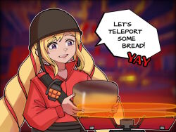 Rule 34 | 1girl, :d, blonde hair, bread, brown headwear, commentary, cosplay, elise (fire emblem), english commentary, english text, explosive, fingernails, fire emblem, fire emblem fates, food, grenade, helmet, high collar, holding, long hair, long sleeves, mnejing30, nintendo, open mouth, outline, purple eyes, red soldier (tf2), smile, soldier (tf2), soldier (tf2) (cosplay), solo, speech bubble, team fortress 2, teeth, twintails, upper teeth only, very long hair, white outline