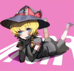 Rule 34 | 1girl, black capelet, black gloves, black hat, black shirt, black skirt, blonde hair, blue eyes, blush, bow, braid, capelet, character name, closed mouth, commentary request, cookie (touhou), elbow gloves, full body, gloves, hair between eyes, hair bow, hands on own cheeks, hands on own face, hat, hat bow, head rest, highres, kirisame marisa, looking at viewer, lying, medium bangs, meguru (cookie), on stomach, pink background, red bow, shirt, short hair, single braid, skirt, smile, solo, the pose, thick eyebrows, tirano tenchou, touhou, witch hat