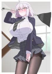 Rule 34 | 1girl, ahoge, akitokage, alternate costume, angry, arm up, between legs, black jacket, black necktie, black pantyhose, black skirt, blush, border, breasts, broom, clenched teeth, collared shirt, commentary request, cowboy shot, diagonal-striped clothes, diagonal-striped necktie, diagonal-striped neckwear, dress shirt, fate/grand order, fate (series), hand between legs, highres, holding, holding broom, huge breasts, jacket, jeanne d&#039;arc (fate), jeanne d&#039;arc alter (avenger) (fate), jeanne d&#039;arc alter (fate), large breasts, layered sleeves, long sleeves, looking at viewer, necktie, open clothes, outside border, pantyhose, plaid, plaid skirt, pleated skirt, shirt, shirt tucked in, short hair, silver hair, skirt, skirt tug, solo, striped clothes, striped necktie, striped neckwear, teeth, white border, white hair, white shirt, yellow eyes