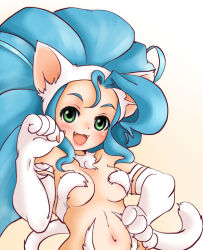 Rule 34 | 1girl, animal ears, animal hands, big hair, blue hair, blush, body fur, breasts, capcom, cat ears, cat tail, fang, fangs, felicia (vampire), gradient background, green eyes, hand on own hip, hip focus, long hair, navel, open mouth, paw pose, setouchi kurage, solo, tail, vampire (game)