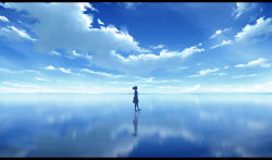 Rule 34 | 1girl, blue sky, cloud, cloudy sky, commentary request, day, dress, fantasy, highres, horizon, letterboxed, long hair, nengoro, ocean, original, outdoors, partial commentary, reflection, scenery, shoes, silhouette, sky, solo, sunlight, walking, walking on liquid, water world, wide shot