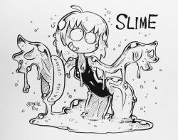 Rule 34 | ahoge, breasts, competition swimsuit, contrapposto, grey background, greyscale, hands up, highres, ink (medium), inktober, innertube, looking at viewer, monochrome, monster girl, one-piece swimsuit, original, rariatto (ganguri), short hair, simple background, slime (substance), slime girl, small breasts, smile, swim ring, swimsuit, traditional media, twitter username