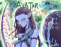 Rule 34 | 10s, 1boy, 1girl, 2010, animification, armband, avatar (2009 film), blue skin, blush, bow (weapon), braid, breasts, colored skin, earrings, green eyes, jake sully, james cameron&#039;s avatar, james cameron's avatar, jewelry, kon-kit, long hair, moe (phrase), na&#039;vi, necklace, neytiri, pointy ears, sweatdrop, translated, tsundere, weapon