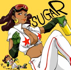 Rule 34 | 1girl, blush, breasts, brown eyes, brown hair, chibi, cleavage, dark-skinned female, dark skin, drill hair, earrings, gloves, goggles, goggles on head, high collar, highres, jet set radio, jewelry, large breasts, legs, midriff, navel, open clothes, open shirt, piranha (jsr), sega, spray can, tanosigto3, thighs