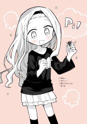 Rule 34 | 1girl, animal, blush, bug, cicada, collarbone, commentary request, disguise, feet out of frame, floating hair, forehead, frilled skirt, frills, greyscale with colored background, hairband, halftone, heart, heart in eye, highres, holding, holding animal, insect, kirarazaka marina, kneehighs, layered skirt, long hair, long sleeves, looking at animal, pink background, print shirt, richard (richaball), romaji text, shirt, simple background, skirt, smile, socks, solo, speech bubble, spot color, standing, star (symbol), symbol in eye, takopii, takopii no genzai, translation request, wavy hair
