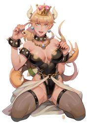 Rule 34 | absolum, absurdres, armlet, bare shoulders, black collar, black leotard, black nails, borrowed design, bowsette, bracelet, breasts, chain, collar, crown, highres, jewelry, kneeling, large breasts, leotard, mario (series), nail polish, new super mario bros. u deluxe, nintendo, solo, spiked armlet, spiked bracelet, spiked collar, spiked shell, spiked tail, spikes, strapless, strapless leotard, super crown, tail, turtle shell