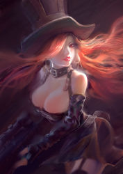 Rule 34 | 1girl, absurdres, black dress, breasts, caitlyn (league of legends), cleavage, cowboy shot, detached collar, detached sleeves, dress, earrings, female focus, garter belt, gun, hat, highres, holding, holding gun, holding weapon, jewelry, kanchou dairi, large breasts, league of legends, long hair, parted lips, red eyes, red hair, red lips, rifle, solo, top hat, weapon