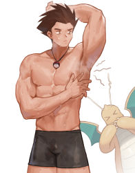 Rule 34 | 1boy, abs, armpits, bara, biceps, brown eyes, brown hair, claws, creatures (company), dragonite, drake (pokemon anime), closed eyes, frown, game freak, gen 1 pokemon, highres, jewelry, jin (sirius-j), looking to the side, male focus, manly, muscular, muscular male, musk, navel, necklace, nintendo, nipples, pectorals, poke ball, pokemon, pokemon (anime), pokemon (classic anime), pokemon (creature), scales, short hair, shorts, simple background, spiked hair, sweat, sweatdrop, topless male, white background, wings