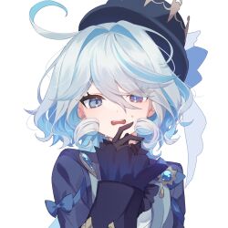 Rule 34 | 1girl, antenna hair, ascot, black gloves, blue ascot, blue bow, blue brooch, blue coat, blue eyes, blue hair, blue hat, bow, bright pupils, coat, coat bow, commentary, dot nose, furina (genshin impact), furrowed brow, genshin impact, gloves, hair intakes, hand up, hat, heterochromia, highres, light blue hair, long hair, long sleeves, looking at viewer, mismatched pupils, mochizuki mochi, multicolored hair, nervous, ojou-sama pose, open clothes, open coat, open mouth, shirt, short shorts, shorts, simple background, solo, sweat, teeth, top hat, two-tone hair, upper body, upper teeth only, very long hair, wavy hair, wavy mouth, white background, white gloves, white pupils, white shirt, white shorts
