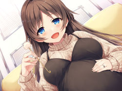 Rule 34 | 1girl, :d, aged up, black shirt, blue eyes, braid, breasts, brown hair, brown sweater, commentary request, couch, hasumi (hasubatake39), highres, holding, indoors, jewelry, long hair, looking at viewer, medium breasts, mimikaki, monobeno, open mouth, ring, shirt, simple background, sitting, sleeveless, sleeveless shirt, smile, solo, sweater, turtleneck, turtleneck sweater, upper body, wedding ring