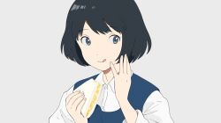Rule 34 | 1girl, :q, ame (amemgmgmg), bad id, bad pixiv id, black hair, blue vest, collared shirt, commentary request, fingernails, food, grey background, grey eyes, hand up, holding, holding food, looking at viewer, original, sandwich, shirt, short hair, simple background, solo, tongue, tongue out, upper body, vest, white shirt, wing collar