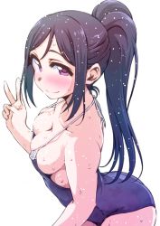 Rule 34 | 10s, 1girl, ayumu-k, blue hair, blush, breasts, competition school swimsuit, highres, long hair, looking at viewer, love live!, love live! school idol festival, love live! sunshine!!, matsuura kanan, medium breasts, one-piece swimsuit, ponytail, purple eyes, school swimsuit, solo, swimsuit, v