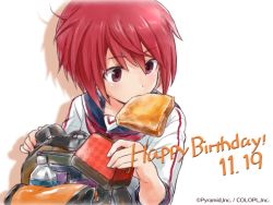 Rule 34 | 1girl, alice gear aegis, backpack, bag, bottle, bread slice, commentary request, food, food in mouth, handbag, happy birthday, himukai rin, mouth hold, neckerchief, official art, red eyes, red hair, red neckerchief, sailor collar, shimada fumikane, short hair, sleeves past elbows, solo, toast, toast in mouth, upper body, white background