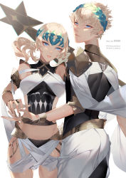 Rule 34 | 1boy, 1girl, armlet, armor, bare shoulders, black panties, black shirt, blonde hair, blue eyes, bracelet, breasts, bridal gauntlets, brother and sister, castor (fate), closed mouth, collar, cowboy shot, diadem, fate/grand order, fate (series), highres, jewelry, looking at viewer, medium breasts, medium hair, metal collar, panties, parted lips, pauldrons, pollux (fate), robe, shei99, shirt, short hair, shoulder armor, siblings, simple background, smile, sword, thighs, twins, underwear, weapon, white background, white robe