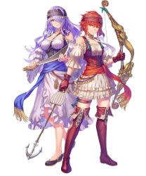 Rule 34 | 2girls, anbe yoshirou, arrow (projectile), bare shoulders, boots, bow (weapon), braid, breasts, camilla (fire emblem), closed mouth, collarbone, dress, female focus, fire emblem, fire emblem fates, fire emblem heroes, frills, full body, gloves, hair over one eye, headband, highres, hinoka (fire emblem), holding, holding bow (weapon), holding sword, holding weapon, large breasts, long hair, looking at viewer, matching hair/eyes, multiple girls, nintendo, official art, puffy short sleeves, puffy sleeves, purple hair, red eyes, red hair, shoes, short hair, short sleeves, smile, standing, sword, thigh boots, thigh strap, thighhighs, transparent background, weapon, zettai ryouiki