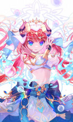 Rule 34 | 1girl, absurdres, arabian clothes, blue eyes, blunt bangs, blurry, commentary request, dancer, dancing, depth of field, detached sleeves, fake horns, genshin impact, headpiece, highres, horns, long hair, long sleeves, looking at viewer, low twintails, navel, nilou (genshin impact), parted lips, red hair, sidelocks, smile, solo, stomach, twintails, veil, viclim-monou, water