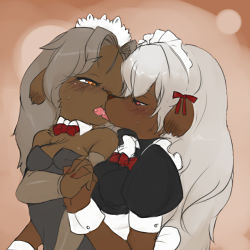 Rule 34 | artist request, blush, breasts, cleavage, furry, licking, maid, yuri