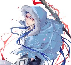 Rule 34 | 1boy, angry, blue hair, bracelet, capelet, closed mouth, cu chulainn (fate), cu chulainn (caster) (fate), earrings, elbow gloves, fate/grand order, fate (series), fingerless gloves, floating hair, fur-trimmed hood, fur trim, gloves, hood, hood up, hooded capelet, jewelry, cu chulainn (fate/stay night), long hair, male focus, nozawa, red eyes, simple background, skin tight, solo, staff, type-moon, vambraces, white background