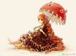 Rule 34 | 1girl, akagi shun, bad id, bad twitter id, barefoot, braid, brown dress, closed mouth, commentary, dress, flower, frills, from side, grey background, hair flower, hair ornament, holding, long hair, looking at viewer, one piece, orange hair, perona, simple background, single braid, sitting, solo, stuffed animal, stuffed toy, umbrella, very long hair