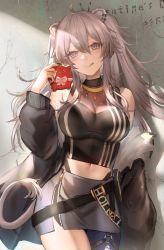 Rule 34 | 1girl, ahoge, animal ears, asymmetrical legwear, breasts, cleavage, gift, grey eyes, grey hair, himonoata, hololive, jacket, large breasts, lion ears, long hair, midriff, miniskirt, navel, see-through, see-through cleavage, shishiro botan, shishiro botan (1st costume), skirt, solo, tongue, tongue out, valentine, virtual youtuber