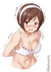 Rule 34 | 1girl, blush, bra, breasts, brown eyes, brown hair, cleavage, ebifurya, hairband, headband, highres, kantai collection, large breasts, looking at viewer, medium breasts, natori (kancolle), navel, one-hour drawing challenge, open mouth, short hair, simple background, solo, tears, underwear, wavy mouth, white background, white bra, white hairband
