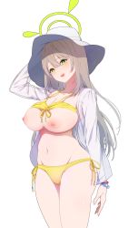 Rule 34 | 1girl, azegome, bikini, blue archive, breasts, breasts out, front-tie top, green eyes, halo, hand on headwear, hat, highres, large breasts, light brown hair, long hair, long sleeves, nonomi (blue archive), nonomi (swimsuit) (blue archive), official alternate costume, open clothes, open shirt, see-through, see-through shirt, side-tie bikini bottom, solo, standing, sun hat, swimsuit, yellow bikini