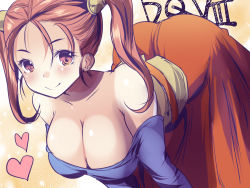 Rule 34 | 1girl, bare shoulders, blush, breasts, cleavage, dragon quest, dragon quest viii, dress, heart, jessica albert, large breasts, leaning forward, looking at viewer, maki (seventh heaven maxion), off-shoulder shirt, off shoulder, purple shirt, red dress, red hair, shiny skin, shirt, simple background, smile, solo, twintails