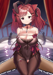 Rule 34 | 1boy, 1girl, :3, absurdres, animal ears, azur lane, black choker, bow, breasts, brown leotard, cat ears, censored, choker, cleavage, covered navel, fake animal ears, frilled leotard, frills, hair ornament, highleg, highleg leotard, highres, i-19 (azur lane), i-19 (blossoming bunny) (azur lane), indoors, large breasts, leotard, mosaic censoring, official alternate costume, on bed, oppai loli, pantyhose, penis, playboy bunny, rabbit ears, red bow, red eyes, red hair, strapless, strapless leotard, takimoto yukari, thigh sex, thigh strap, twintails, x hair ornament