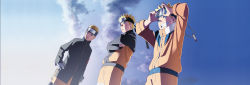 Rule 34 | 3boys, age progression, bandaged arm, bandages, blonde hair, blue eyes, blue sky, cleaned, cloud, facial mark, forehead protector, hand on own hip, highres, jacket, male focus, multiple boys, multiple persona, naruto: the last, naruto (series), naruto shippuuden, official art, sky, smile, spiked hair, uzumaki naruto, whisker markings
