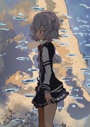 Rule 34 | 1girl, absurdres, aquarium, arm at side, black jacket, blazer, blurry, blurry background, blush, bow, bowtie, cevio, closed mouth, collared shirt, commentary request, feet out of frame, fish, flipped hair, from side, grey hair, grey sweater, hair bun, hand up, highres, jacket, kabuyama kaigi, koharu rikka, long sleeves, looking at animal, miniskirt, multicolored clothes, multicolored jacket, open clothes, open jacket, pleated skirt, red bow, red bowtie, red eyes, rock, school of fish, school uniform, shirt, short hair, skirt, solo, standing, sweater, synthesizer v, two-tone jacket, white sleeves