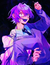 Rule 34 | 1girl, abnormality dancin&#039; girl (vocaloid), arm up, black necktie, blush, collared shirt, colorful, commentary, flower (vocaloid), hair between eyes, highres, himanemuitoma, holding, holding needle, long sleeves, messy hair, necktie, needle, open mouth, purple eyes, purple hair, purple sweater, purple theme, shirt, short hair, solo, sweater, vocaloid