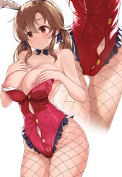 Rule 34 | 1girl, animal ears, black bow, black bowtie, blush, bow, bowtie, breasts, breasts out, brown eyes, brown hair, cleavage, closed mouth, clothing cutout, cowboy shot, detached collar, fake animal ears, fishnet pantyhose, fishnets, gluteal fold, highres, idolmaster, idolmaster cinderella girls, large breasts, leotard, leotard pull, long hair, mk (mod0), navel, navel cutout, nipples, pantyhose, playboy bunny, rabbit ears, red leotard, strapless, strapless leotard, thighs, totoki airi, twintails, white background