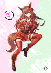 Rule 34 | 1girl, animal ears, blue bow, blue eyes, boots, bow, breasts, brown footwear, brown hair, brown leotard, chize, cleavage, closed mouth, commentary request, ear bow, full body, grey bow, hair between eyes, hand up, head tilt, heart, high heel boots, high heels, horse ears, horse girl, horse tail, leotard, long hair, long sleeves, looking at viewer, maruzensky (umamusume), medium breasts, pleated skirt, red shirt, red skirt, red thighhighs, shirt, skirt, smile, solo, spoken heart, tail, thighhighs, thighhighs under boots, umamusume, very long hair
