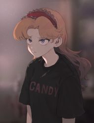 Rule 34 | 1girl, annoyed, black shirt, blonde hair, blue eyes, blurry, bokeh, closed mouth, clothes writing, commentary, depth of field, english text, flipped hair, frilled hairband, frills, hairband, highres, lolita hairband, long hair, original, parted bangs, red hairband, road, shiratama (hockey), shirt, short sleeves, slouching, solo, t-shirt, upper body, upset
