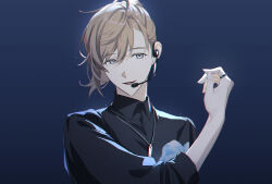 Rule 34 | 1boy, black shirt, blue background, brown hair, collared shirt, earphones, hand up, highres, jewelry, kanae (nijisanji), looking at viewer, male focus, microphone, migo45, necklace, nijisanji, ring, shirt, simple background, smile, solo, wing collar