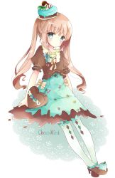 Rule 34 | 1girl, argyle, bad id, bad pixiv id, blouse, blue bow, blue eyes, blush, bow, bow legwear, brown bow, brown dress, brown footwear, brown shirt, candy, chocolate, chocolate heart, collarbone, commentary, doily, dress, food, food-themed clothes, fork, full body, green dress, green thighhighs, hat, head tilt, heart, high heels, highres, layered dress, light brown hair, long hair, looking at viewer, mini hat, mini top hat, multicolored clothes, multicolored dress, original, puffy short sleeves, puffy sleeves, shirt, shoes, short sleeves, sidelocks, sitting, solo, thighhighs, top hat, tsukiyo (skymint), twintails, white background