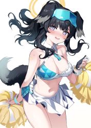 Rule 34 | 1girl, absurdres, animal ears, bare shoulders, black hair, blue archive, blush, breasts, broom, cheerleader, cleavage, collarbone, crop top, dog ears, dog girl, dog tail, eyewear on head, gloves, goggles, goggles on head, halo, hibiki (blue archive), hibiki (cheer squad) (blue archive), highres, holding, holding pom poms, jewelry, long hair, looking at viewer, medium breasts, midriff, millennium cheerleader outfit (blue archive), miniskirt, navel, open mouth, pleated skirt, pom pom (cheerleading), pom poms, purple eyes, simple background, skirt, solo, star (symbol), sticker on face, stone (ksorede), tail, thighs, twintails, white background, white skirt